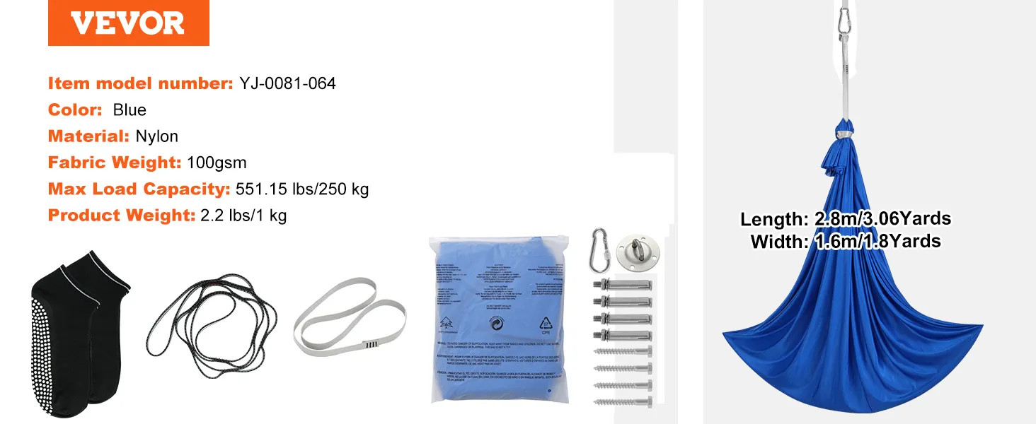 VEVOR sensory swing, blue nylon, 100gsm, 250kg max capacity, includes mounting hardware.