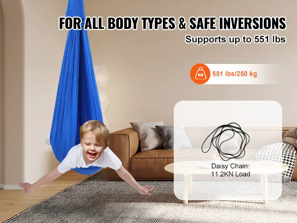 VEVOR sensory swing supporting up to 551 lbs in a cozy living room with a brown sofa and coffee table.