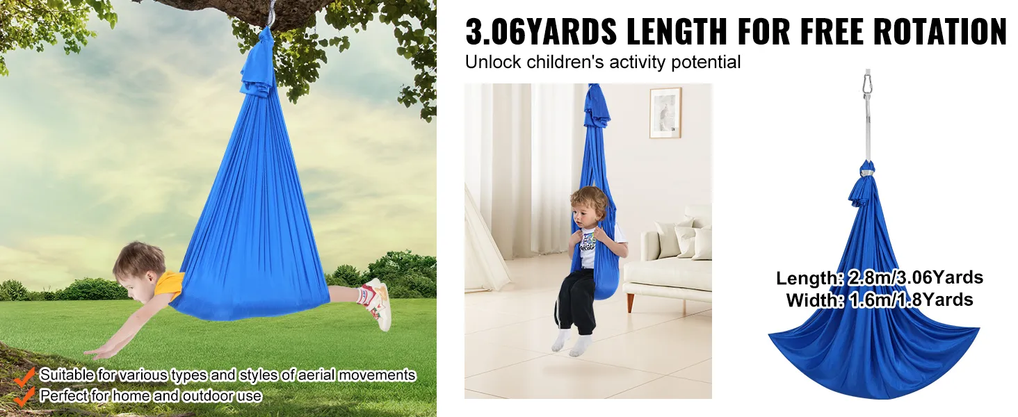 VEVOR sensory swing for kids, blue fabric, suitable for indoor and outdoor use, 3.06 yards long.
