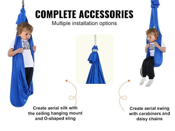 complete accessories for VEVOR sensory swing with steel carabiners, daisy chains, and ceiling hanging mount.