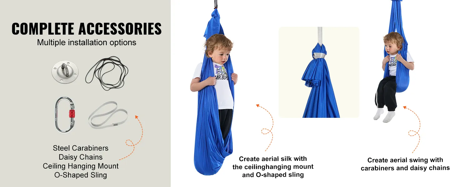 complete accessories for VEVOR sensory swing with steel carabiners, daisy chains, and ceiling hanging mount.