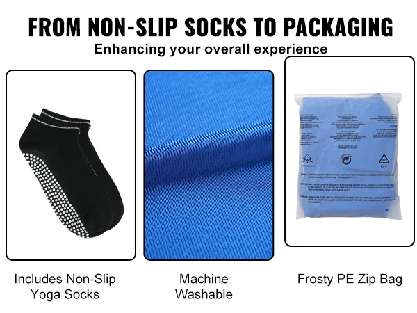 non-slip yoga socks, close-up of machine-washable blue fabric, and frosty pe zip bag for VEVOR sensory swing.