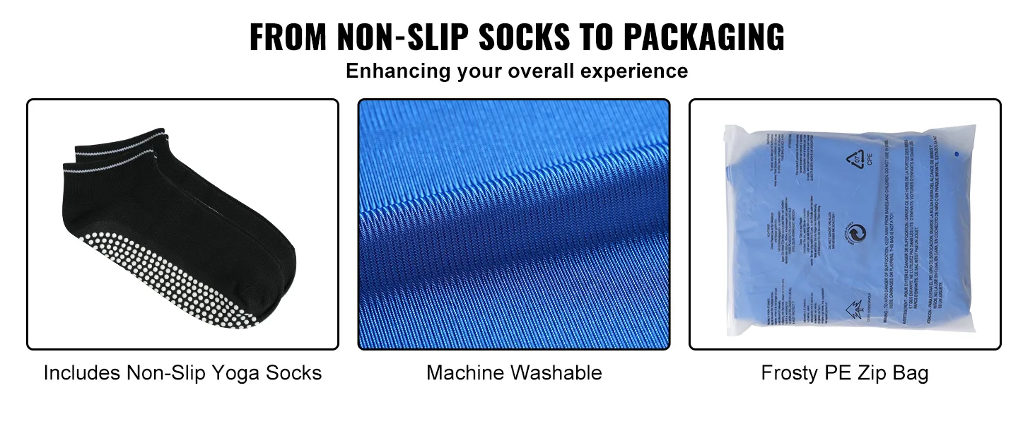 non-slip yoga socks, close-up of machine-washable blue fabric, and frosty pe zip bag for VEVOR sensory swing.