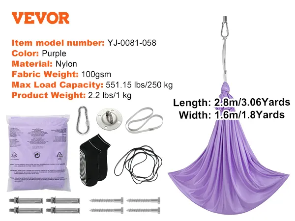 Embalaje de columpio sensorial VEVOR con columpio de nailon morado, hardware y especificaciones.