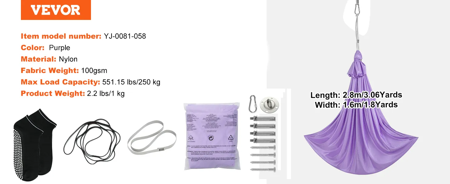 VEVOR sensory swing packaging with purple nylon swing, hardware, and specifications.