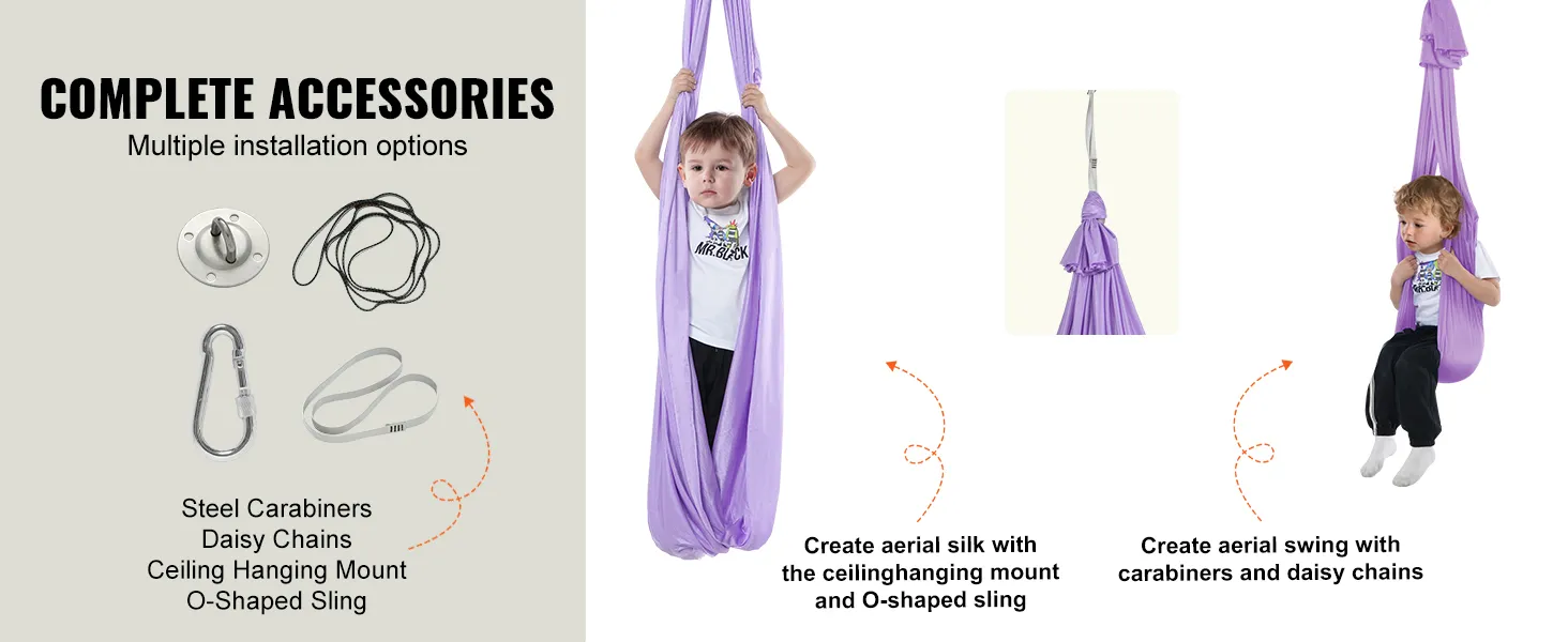 VEVOR sensory swing complete accessories: steel carabiners, daisy chains, ceiling mount, o-shaped sling.