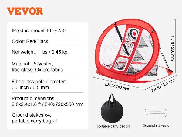 Siatka do chippingu VEVOR w kolorze czerwonym i czarnym, z torbą transportową i kołkami, wymiary 2,8 x 2,4 x 1,8 stopy.