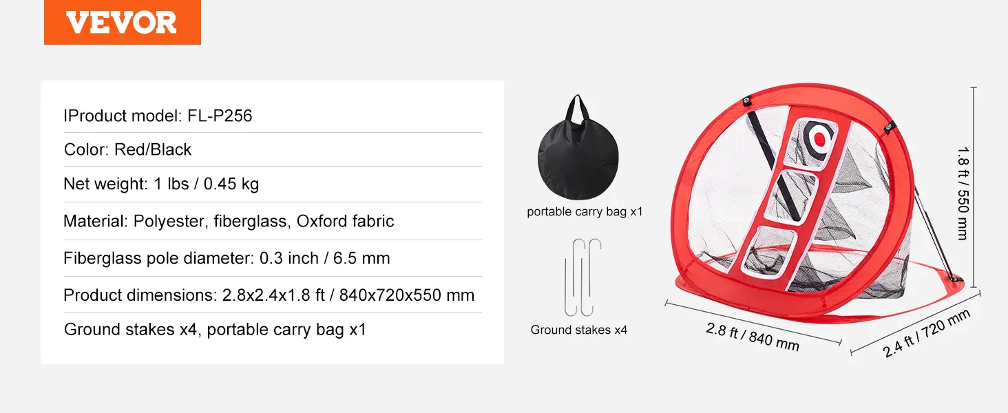 Siatka do chippingu VEVOR w kolorze czerwonym i czarnym, z torbą transportową i kołkami, wymiary 2,8 x 2,4 x 1,8 stopy.