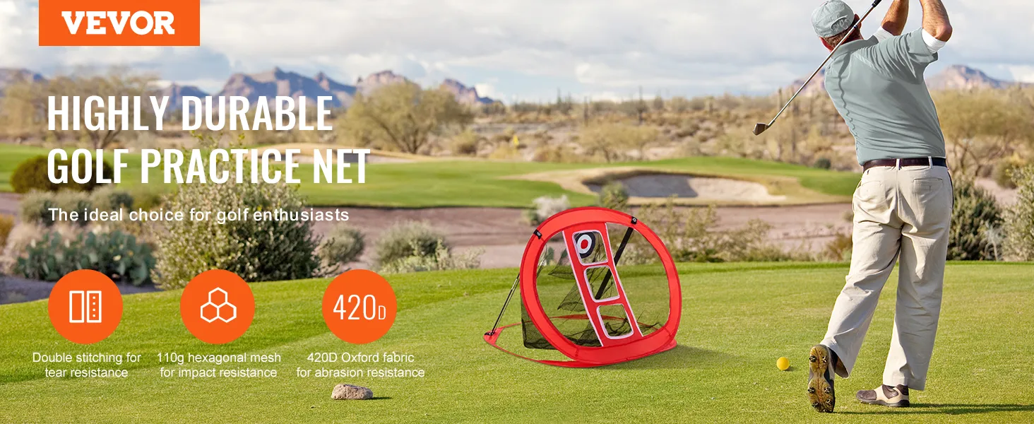 mężczyzna machający kijem golfowym obok siatki do chippingu VEVOR na zielonym polu, z podkreślonymi cechami wytrzymałościowymi.