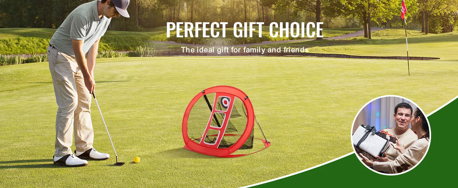 golfista używający siatki golfowej VEVOR na greenie, w tle napis „idealny wybór na prezent”.