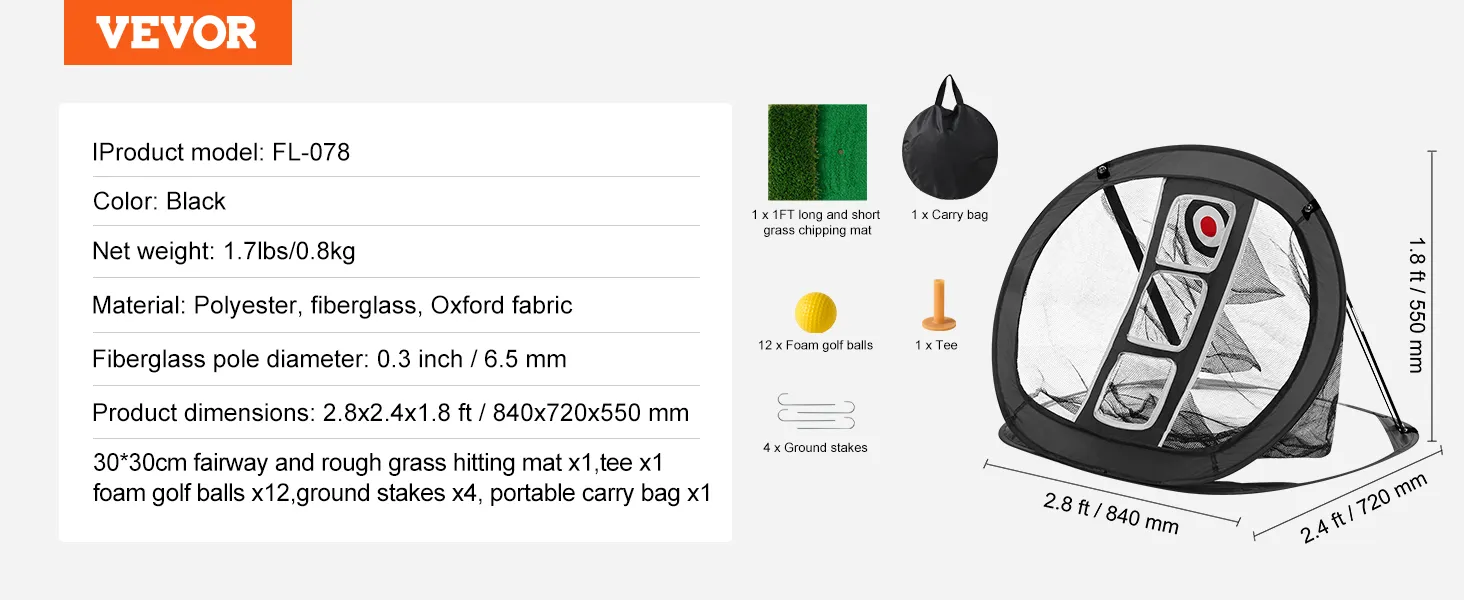Siatka do gry w golfa VEVOR z torbą transportową, matą do gry, piłkami piankowymi i śledziami w zestawie.