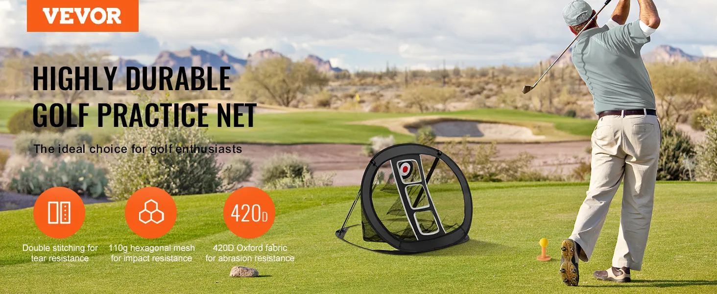 golfista ćwiczący z siatką do chippingu VEVOR na zielonym polu, podkreślający jej trwałość.