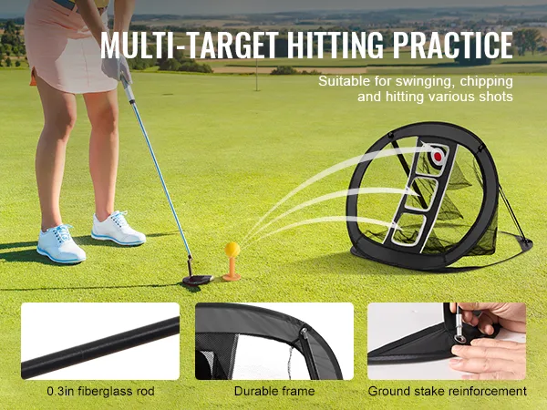 golfista ćwiczący z siatką do chippingu VEVOR na zielonym polu; wiele celów, trwała rama, pręt z włókna szklanego.