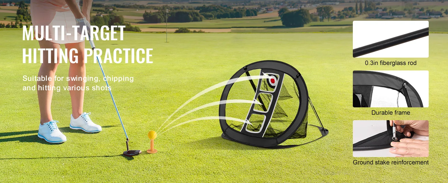 golfista ćwiczący z siatką do chippingu VEVOR na zielonym polu; wiele celów, trwała rama, pręt z włókna szklanego.