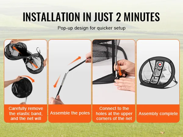 Montaż siatki do chippingu VEVOR: usuń gumkę, zmontuj słupki, podłącz, gotowe w 2 minuty.