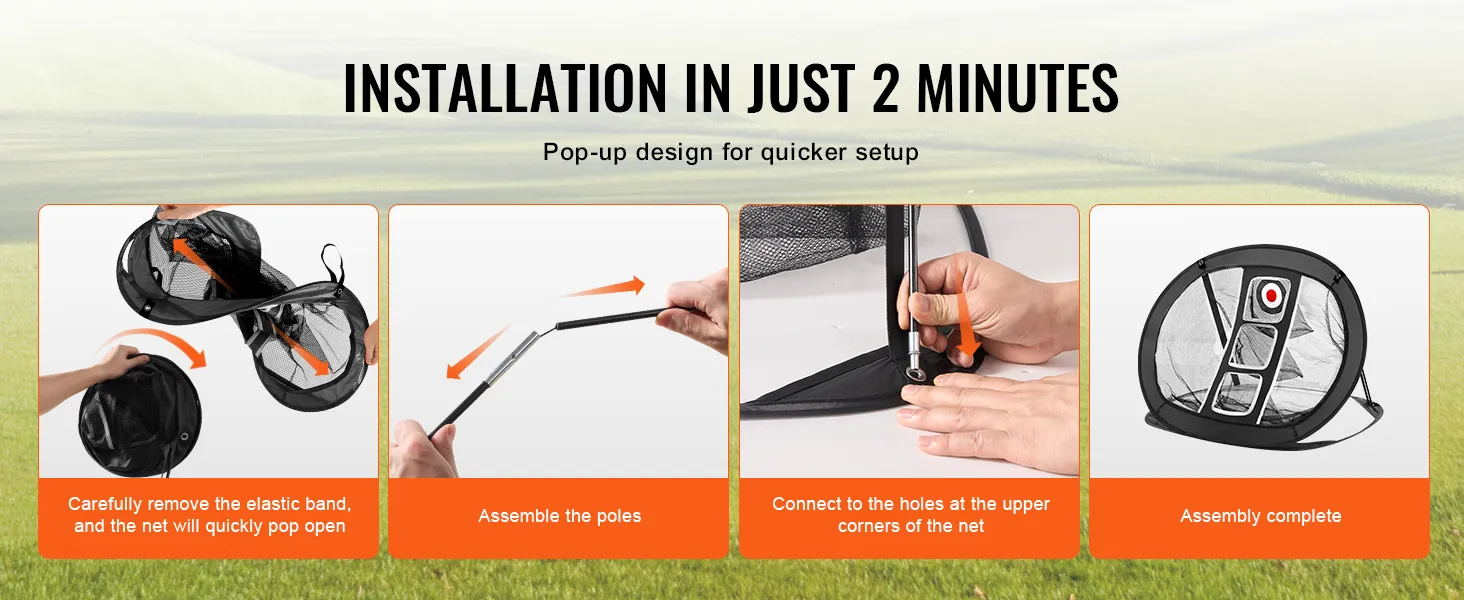 Montaż siatki do chippingu VEVOR: usuń gumkę, zmontuj słupki, podłącz, gotowe w 2 minuty.