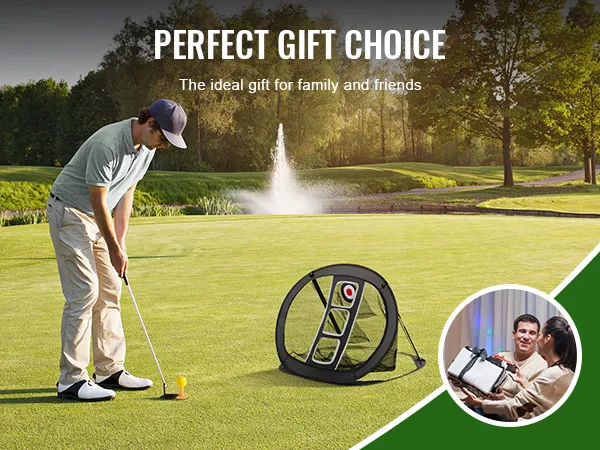 golfista używający siatki do chippingu VEVOR na zielonym polu, reklamujący ją jako idealny wybór na prezent.