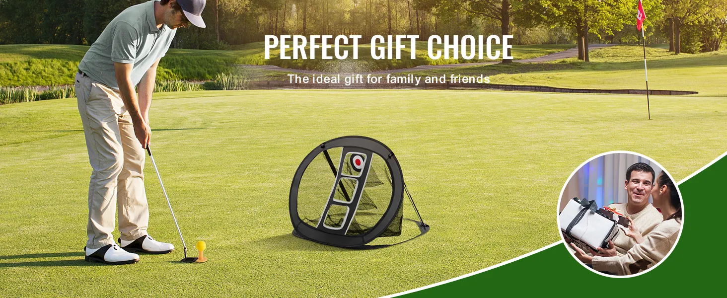golfista używający siatki do chippingu VEVOR na zielonym polu, reklamujący ją jako idealny wybór na prezent.