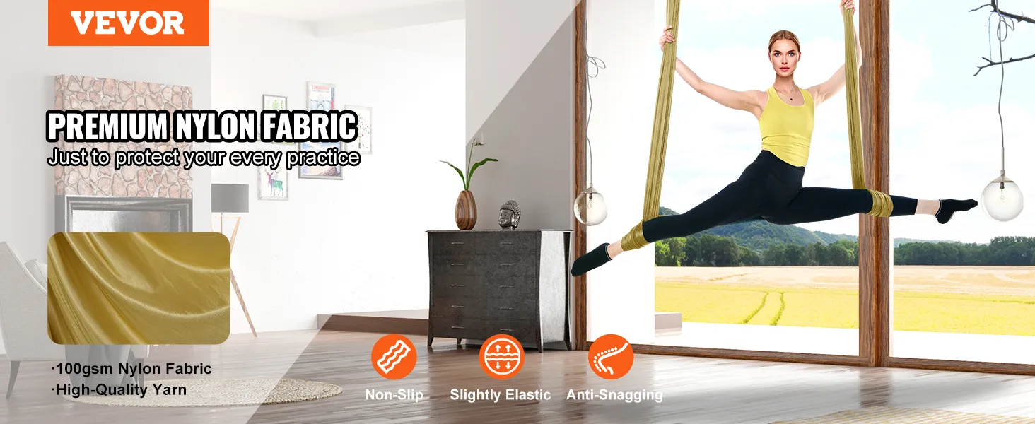 VEVOR aerial yoga hammock in premium nylon fabric used for a split pose in a bright, modern room.