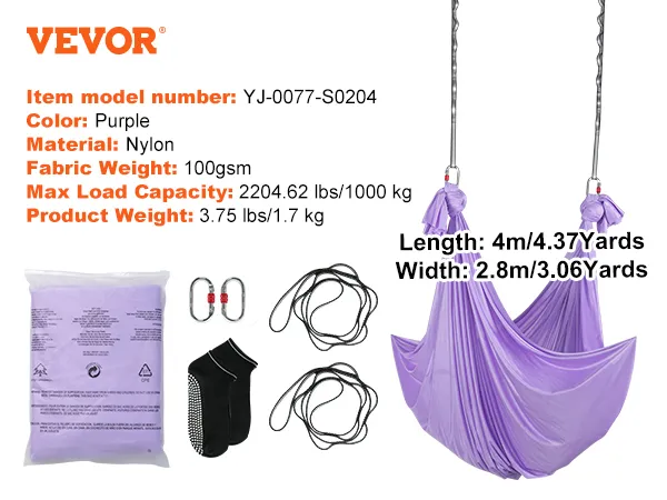 VEVOR aerial yoga hammock, purple nylon, 2204.62 lbs max load, 4m length, package includes straps and carabiners.