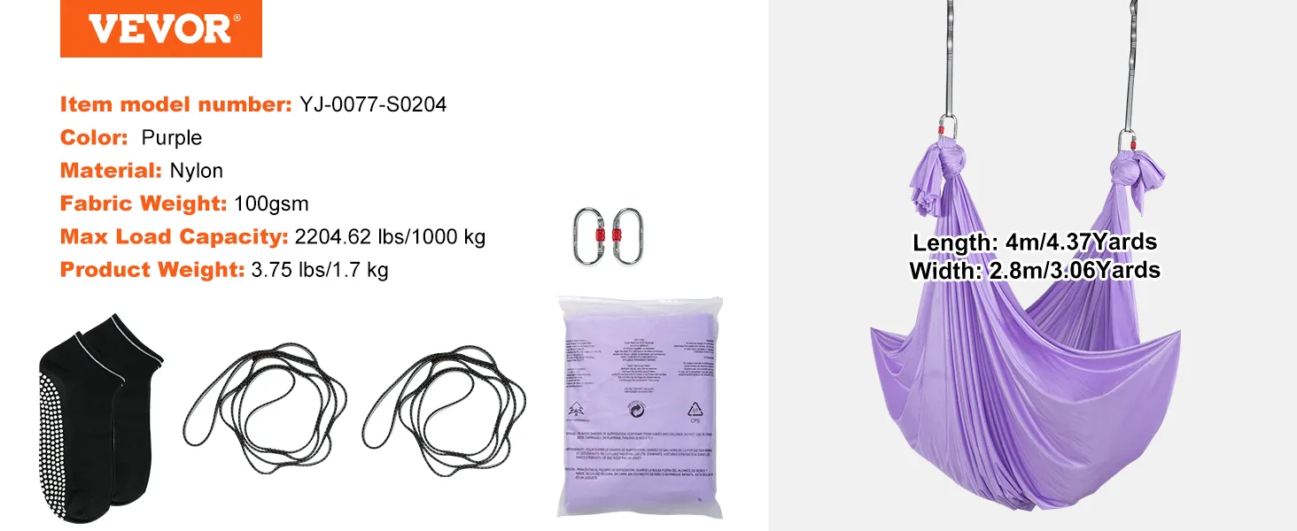 VEVOR aerial yoga hammock, purple nylon, 2204.62 lbs max load, 4m length, package includes straps and carabiners.