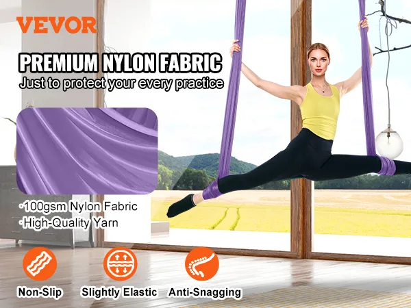 VEVOR aerial yoga hammock in use, demonstrating its premium nylon fabric, high flexibility, and anti-snaggability.