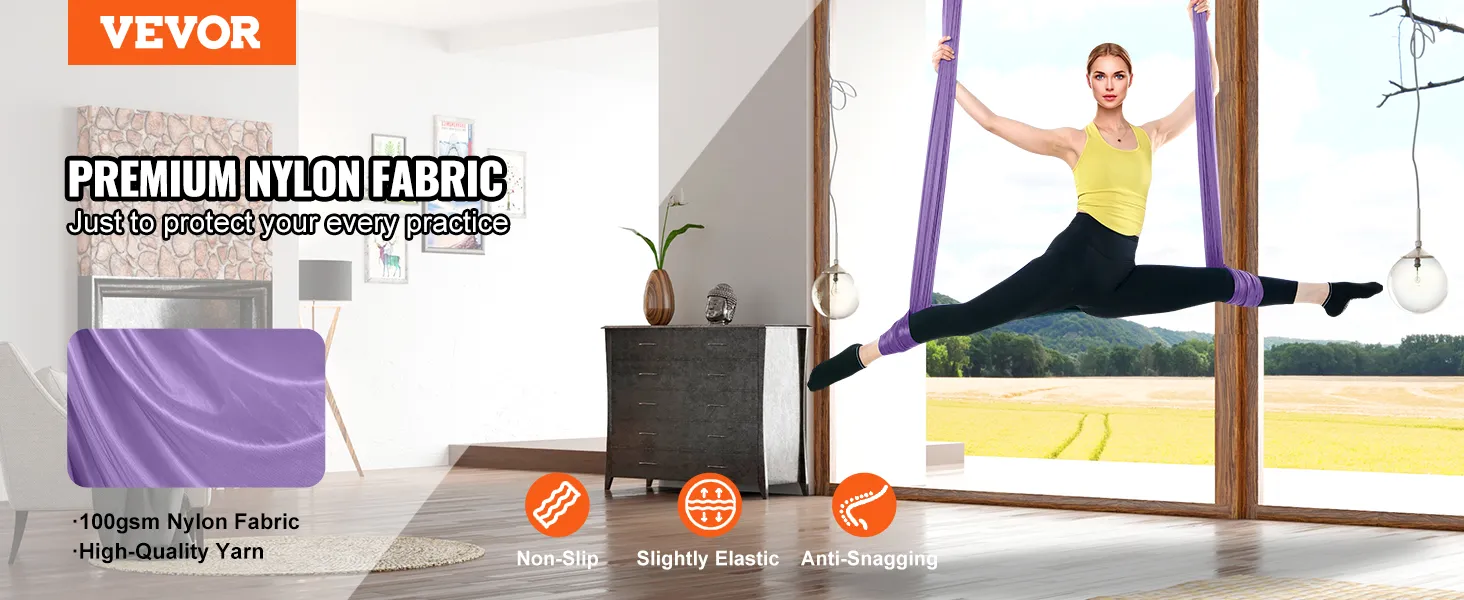 VEVOR aerial yoga hammock in use, demonstrating its premium nylon fabric, high flexibility, and anti-snaggability.