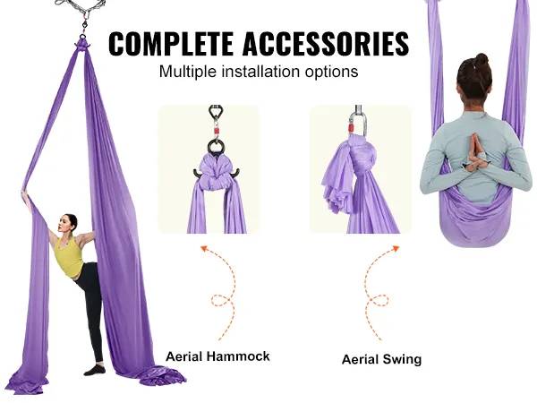 VEVOR aerial yoga hammock with complete accessories, steel carabiners, daisy chains, and multiple installation options.