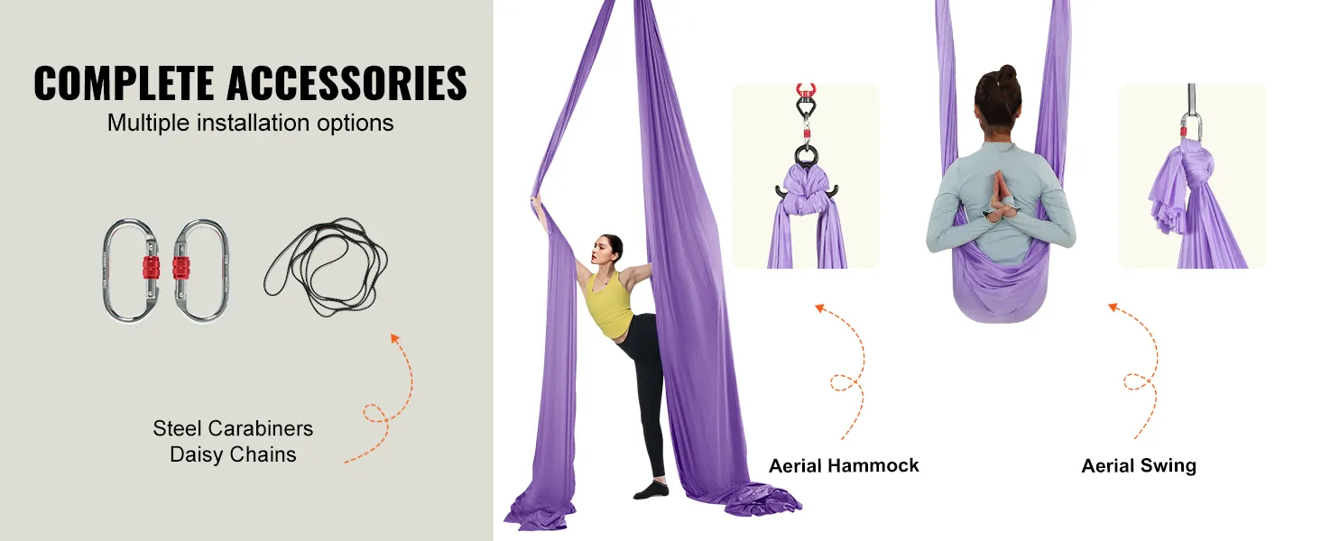 VEVOR aerial yoga hammock with complete accessories, steel carabiners, daisy chains, and multiple installation options.