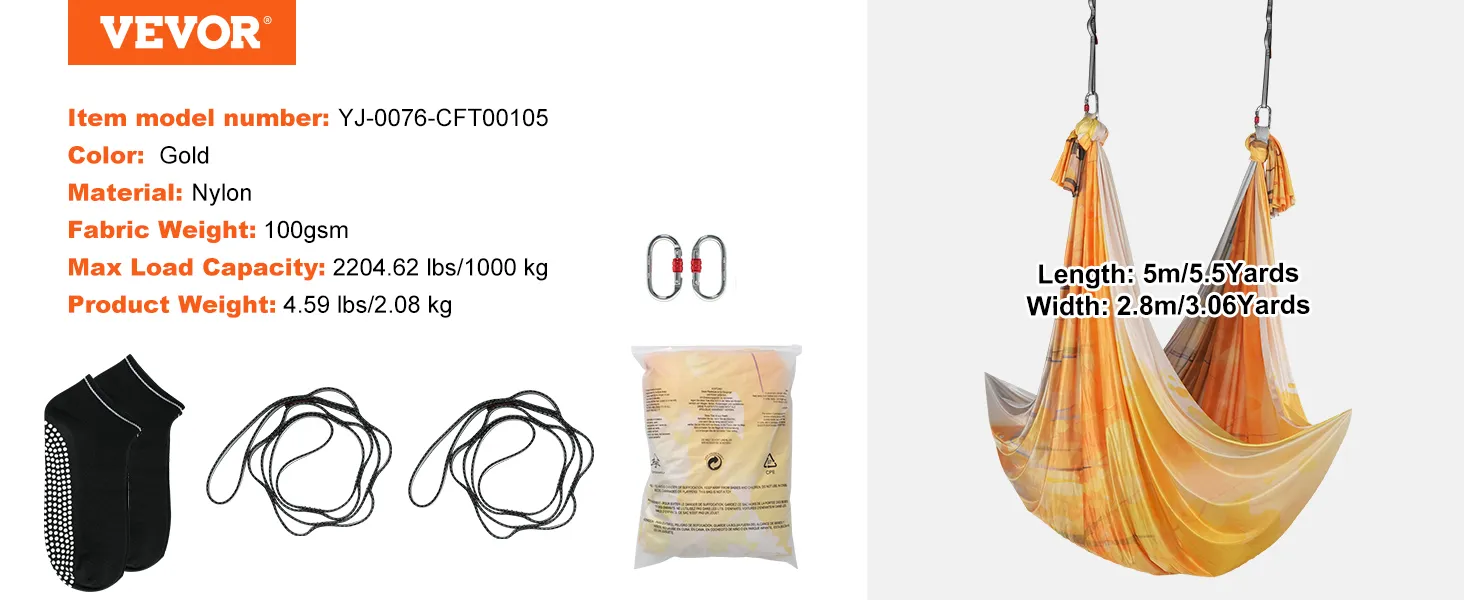 VEVOR aerial yoga hammock in gold nylon with accessories, including carabiners and extension straps.
