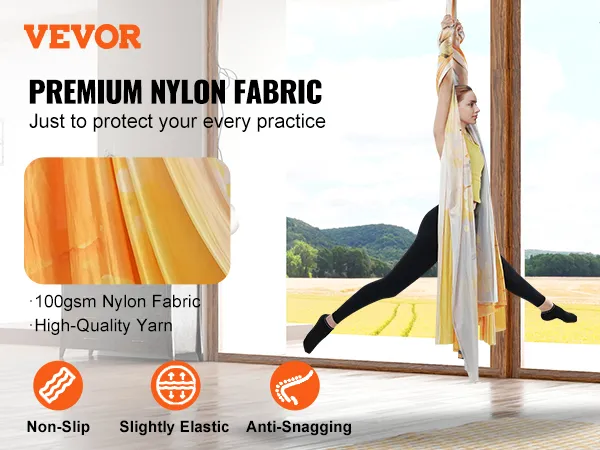 Amaca per yoga aereo VEVOR in uso, realizzata in tessuto di nylon di alta qualità e dotata di caratteristiche antiscivolo, in una stanza moderna.