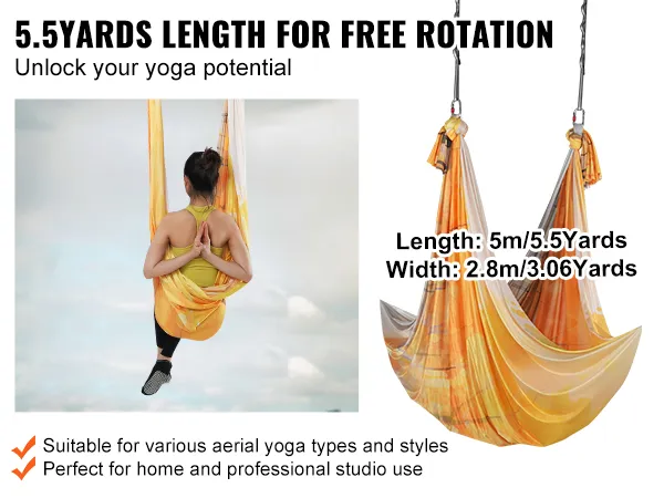 Amaca per yoga aereo VEVOR adatta a vari stili di yoga, lunga 5,5 metri e con un vivace design arancione.