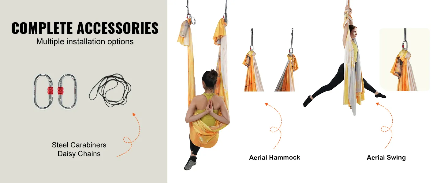 VEVOR aerial yoga hammock setup showing steel carabiners, daisy chains, hammock, and swing in use.