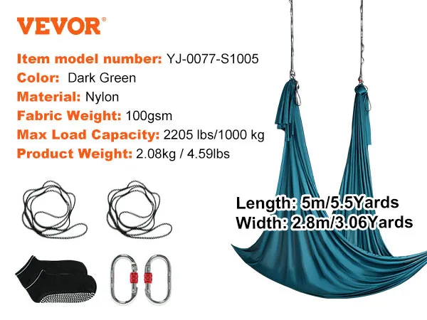 VEVOR Aerial Yoga-Hängematte in Dunkelgrün, Nylon, maximale Belastung 1000 kg, inkl. Karabiner und Aufbewahrungsseil.