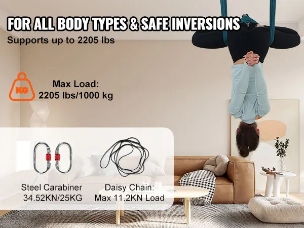VEVOR Aerial Yoga-Hängematte in einem hellen Wohnzimmer, trägt bis zu 1000 kg für sichere Umkehrhaltungen.