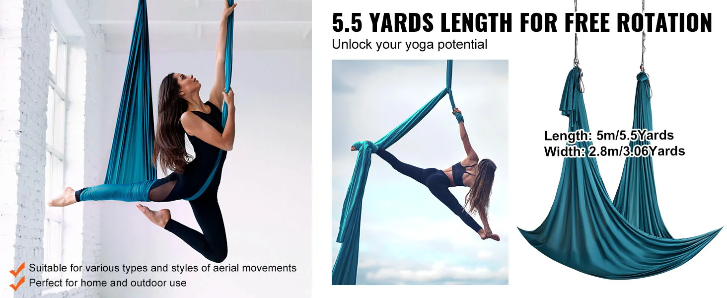 VEVOR aerial yoga hammock: woman performing aerial yoga, showcasing 5.5 yards length for flexibility.
