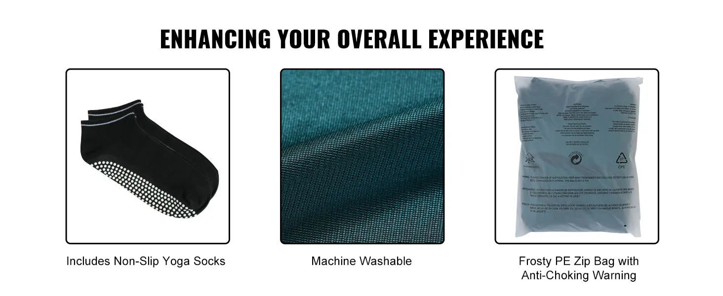 enhancing your experience with VEVOR aerial yoga hammock - non-slip socks, machine washable, pe zip bag.