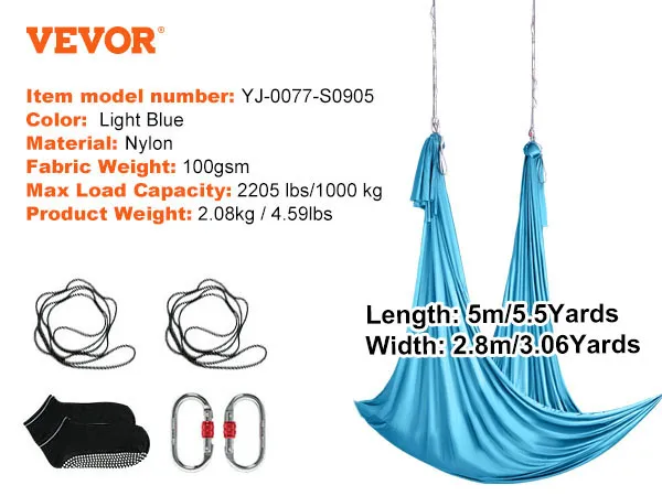 VEVOR aerial yoga hammock, light blue nylon, 5m length, 2.8m width, max load 2205 lbs, 100gsm fabric.