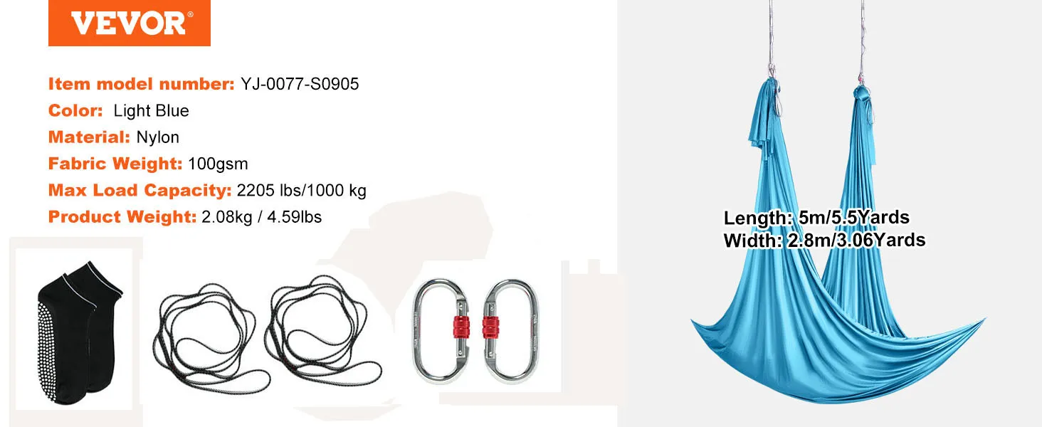 VEVOR aerial yoga hammock, light blue nylon, 5m length, 2.8m width, max load 2205 lbs, 100gsm fabric.