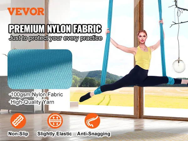 VEVOR aerial yoga hammock in a bright room with a person performing a split. premium nylon fabric.