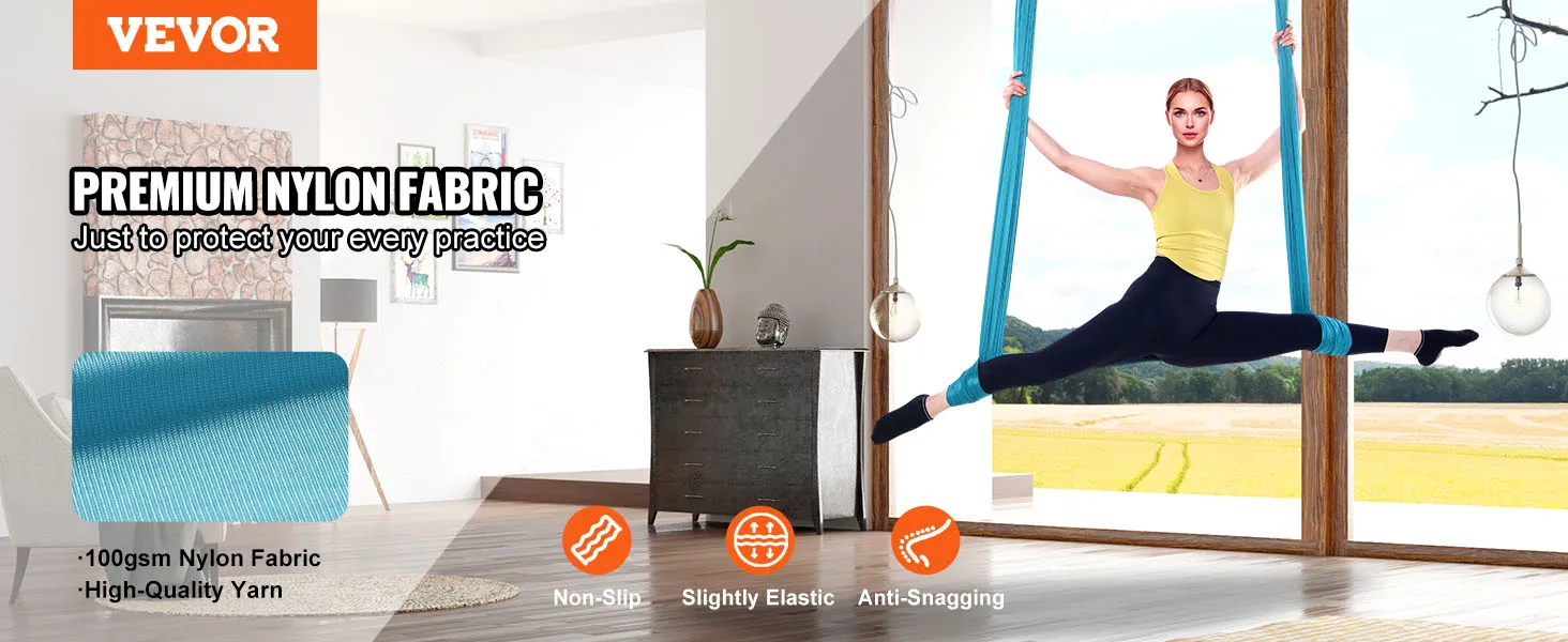 VEVOR aerial yoga hammock in a bright room with a person performing a split. premium nylon fabric.