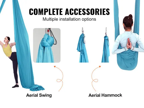 VEVOR aerial yoga hammock with steel carabiners, daisy chains, and various installation options.