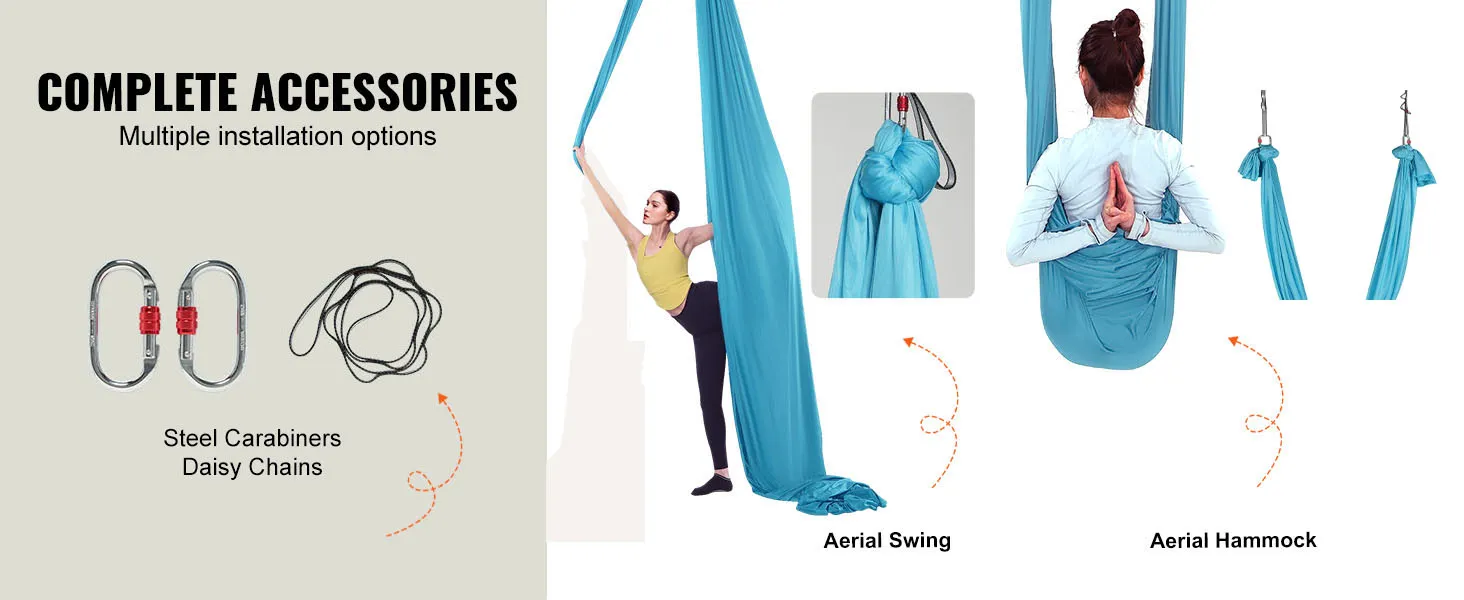 VEVOR aerial yoga hammock with steel carabiners, daisy chains, and various installation options.