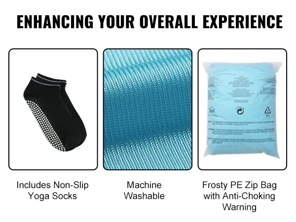 VEVOR aerial yoga hammock, includes non-slip yoga socks, machine washable fabric, pe zip bag with warnings.