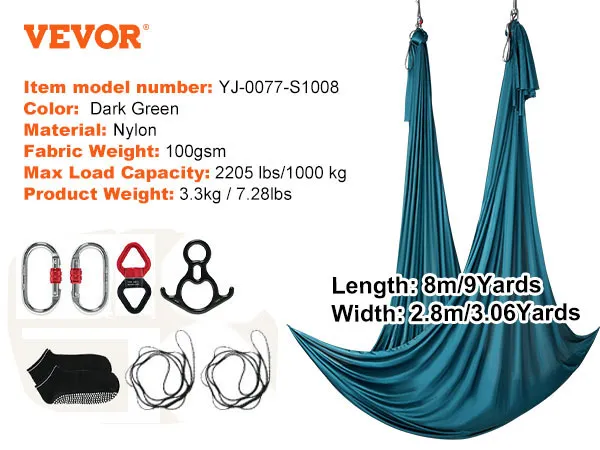 VEVOR aerial yoga swing in dark green nylon with accessories, 2205 lbs capacity, 8m length, and 2.8m width.