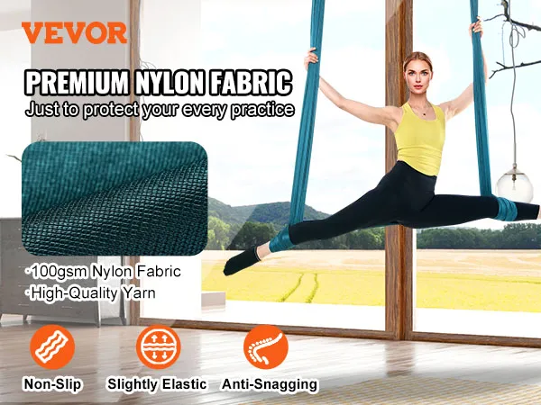 VEVOR aerial yoga swing in spacious room with premium nylon fabric for non-slip, elastic, and anti-snag features.