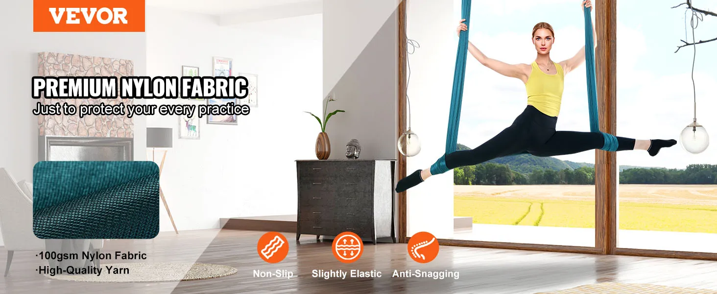 VEVOR aerial yoga swing in spacious room with premium nylon fabric for non-slip, elastic, and anti-snag features.