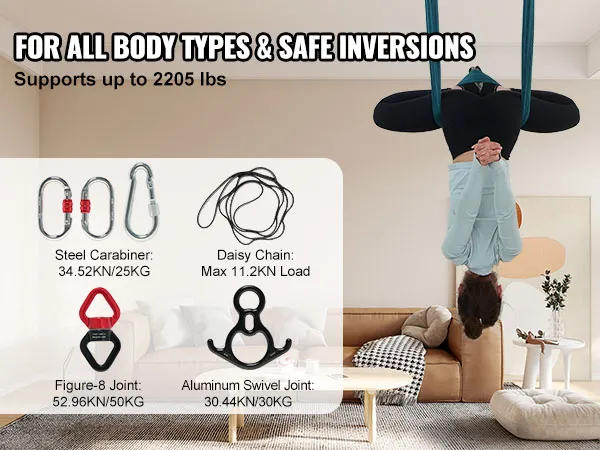 a person using the VEVOR aerial yoga swing in a modern living room, showcasing upside-down inversion.