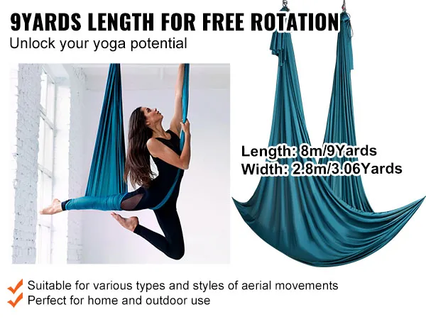 VEVOR aerial yoga swing, 9 yards long, suitable for indoor and outdoor use with various aerial movements.