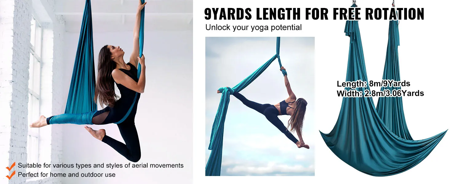 VEVOR aerial yoga swing, 9 yards long, suitable for indoor and outdoor use with various aerial movements.